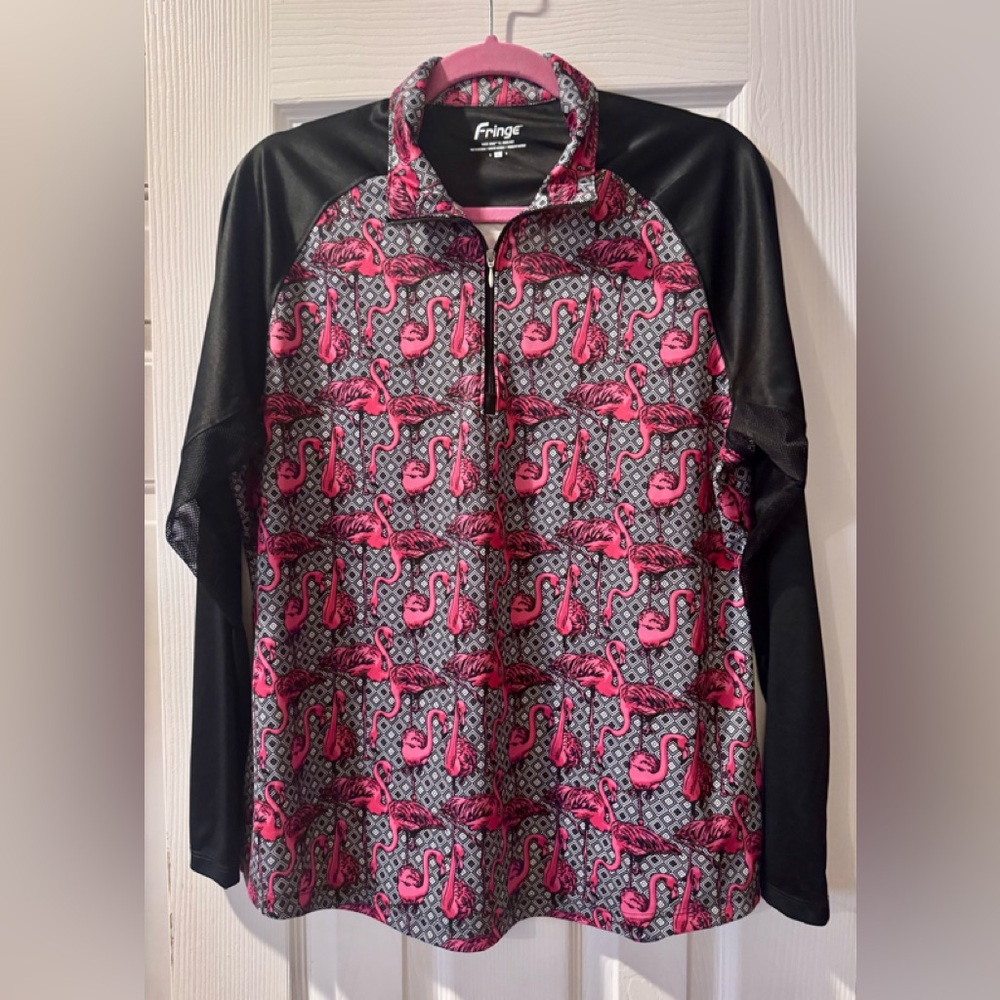 Fringe Studio Pink Flamingo Pattern Quarter Zip  Pullover Size Large
